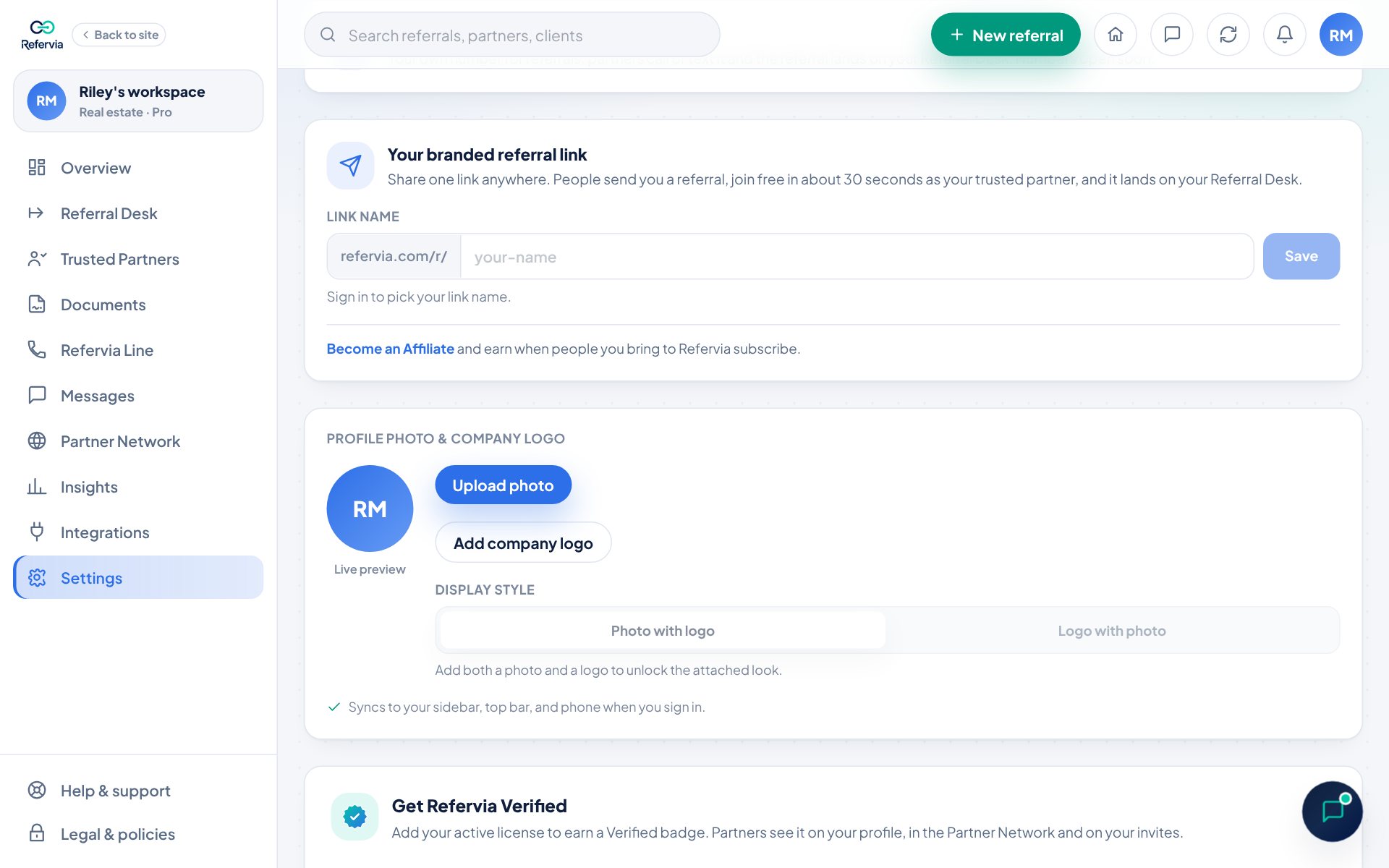 The Your branded referral link card in Settings