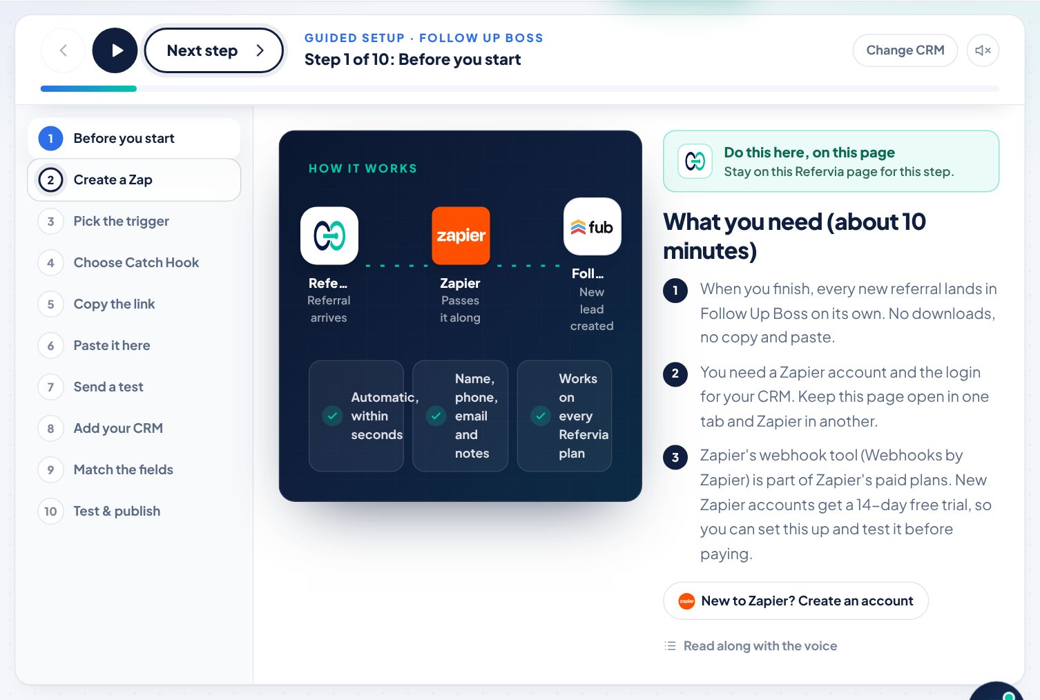 The guided setup, showing the current step and where to do it