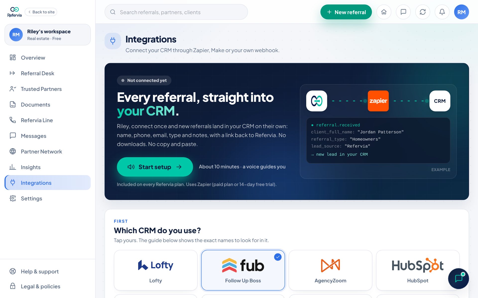 The Integrations page with the Start setup button