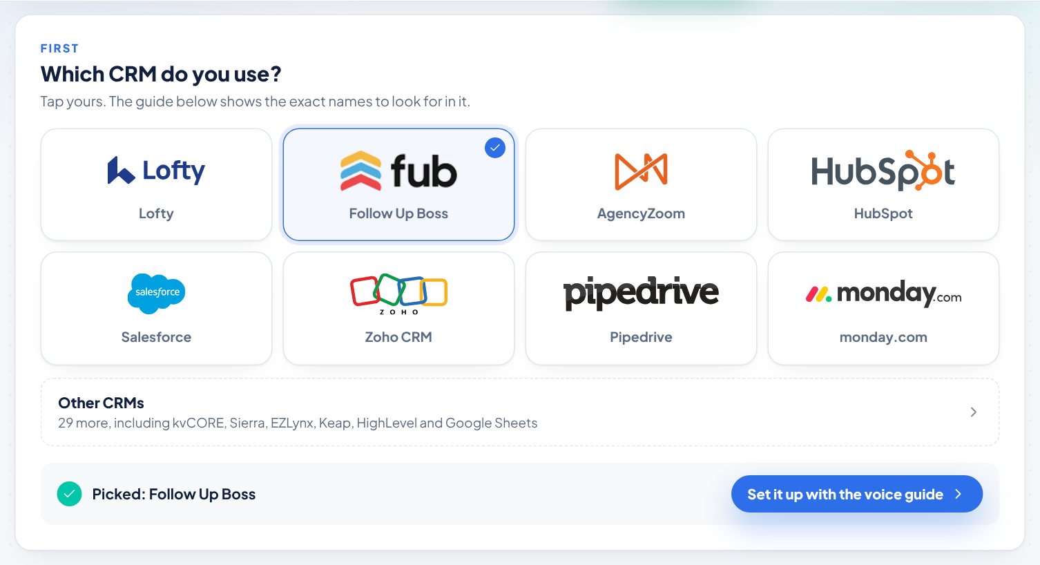 The CRM picker, with featured tiles and Other CRMs