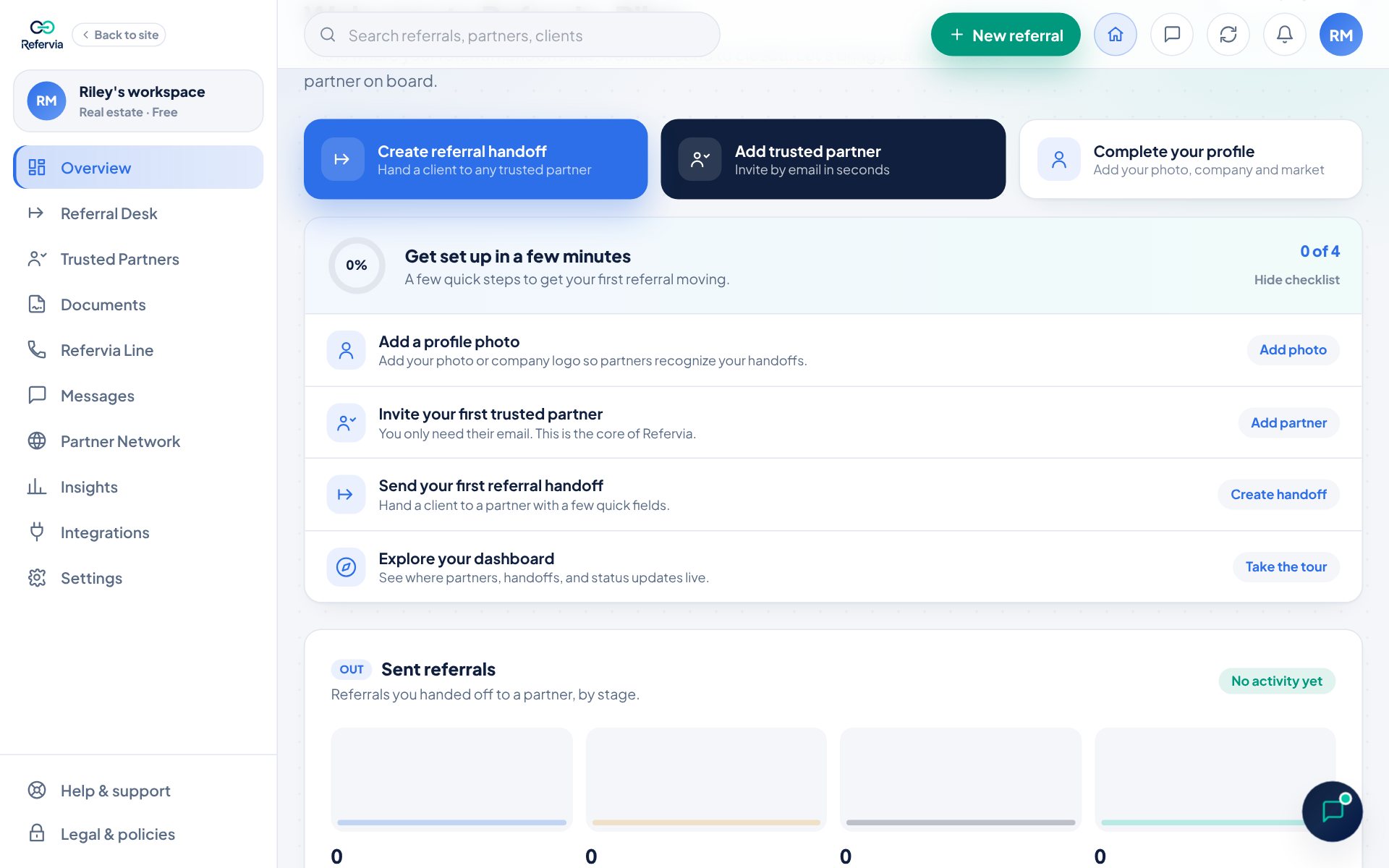 Quick actions on a new account's Overview