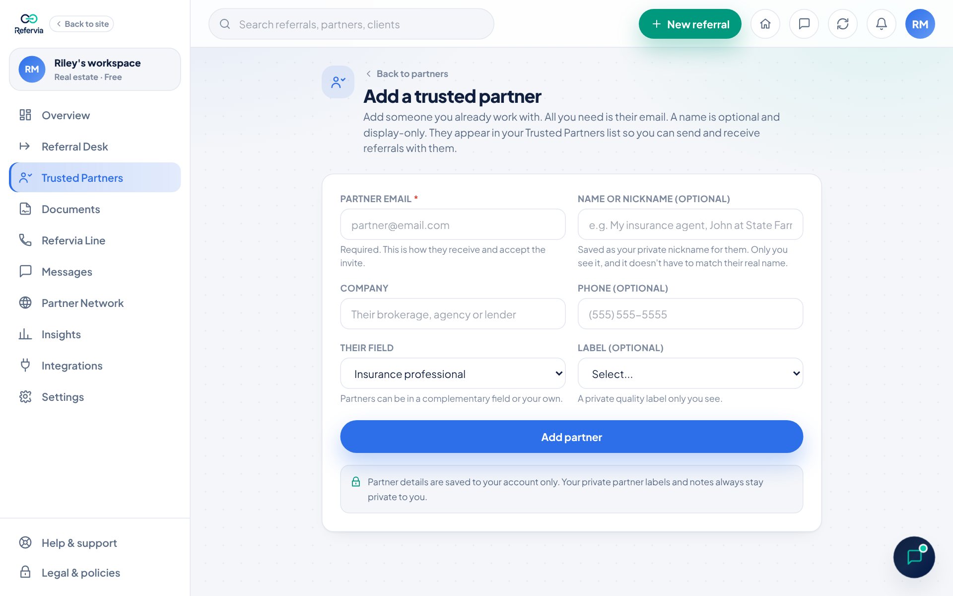 The Add a trusted partner form