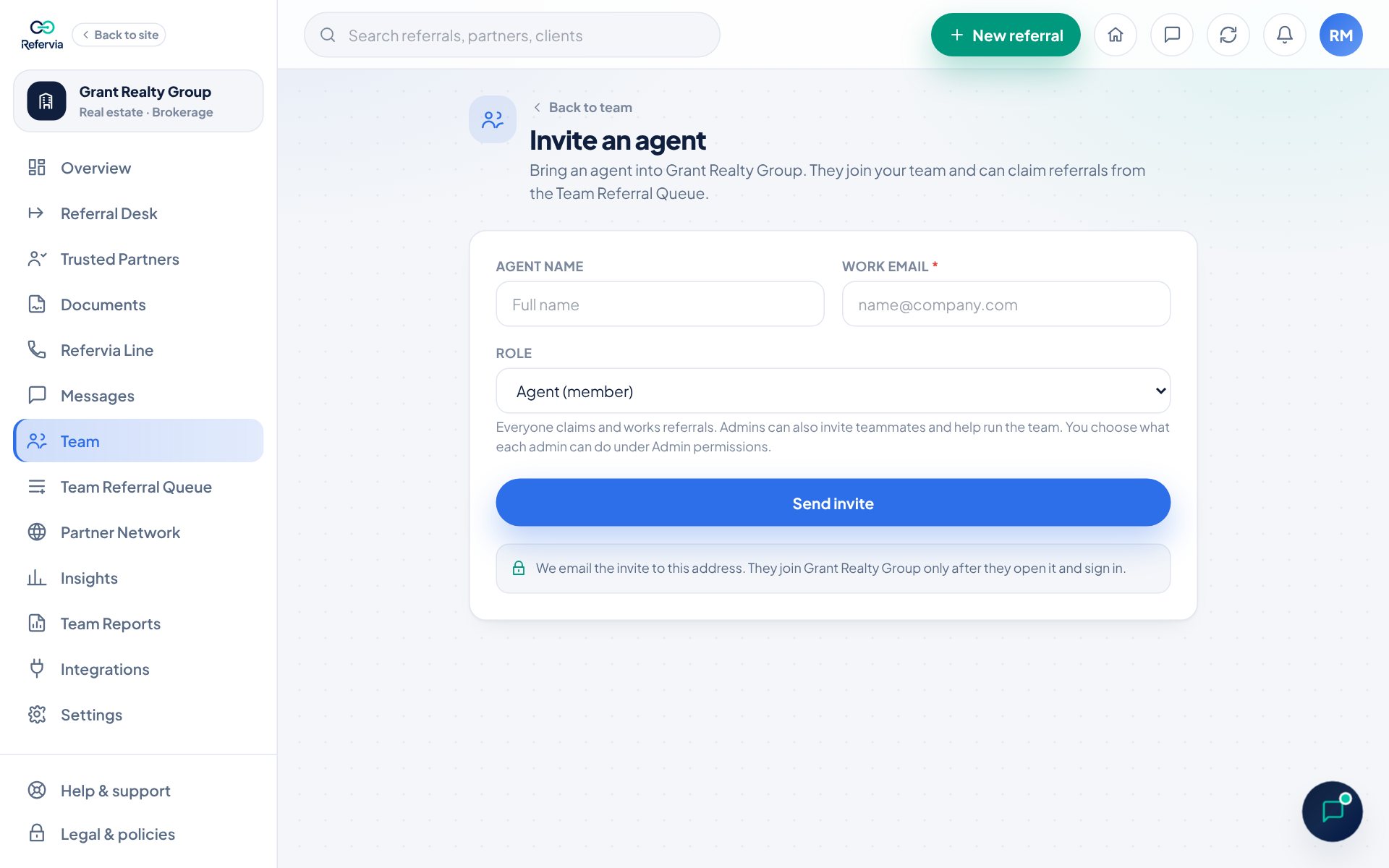 The invite form with name, work email and role