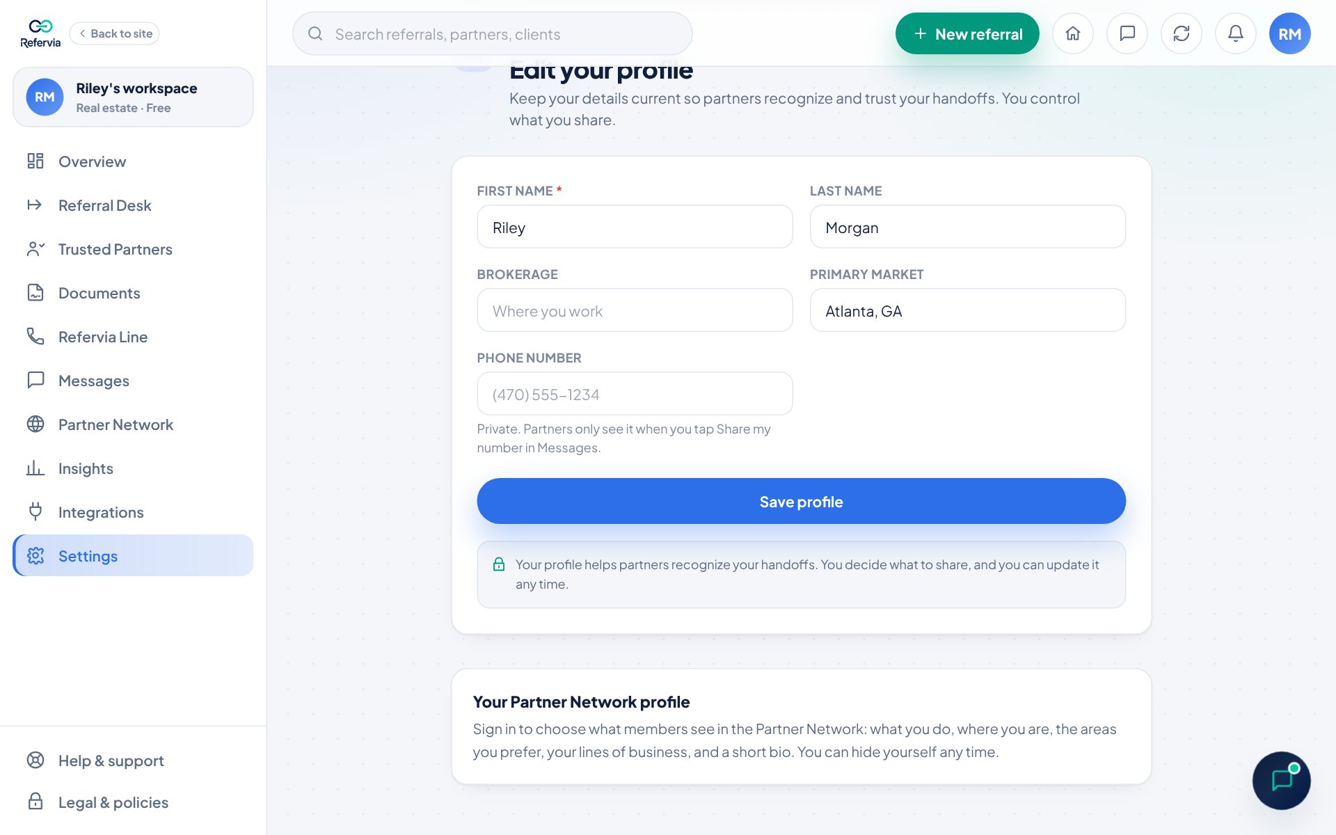 Your Partner Network profile in Settings