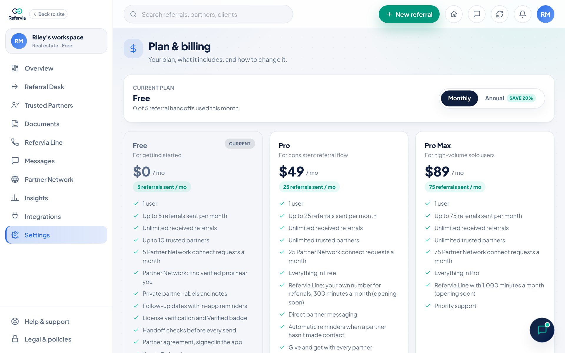 The Plan & billing page with plan cards