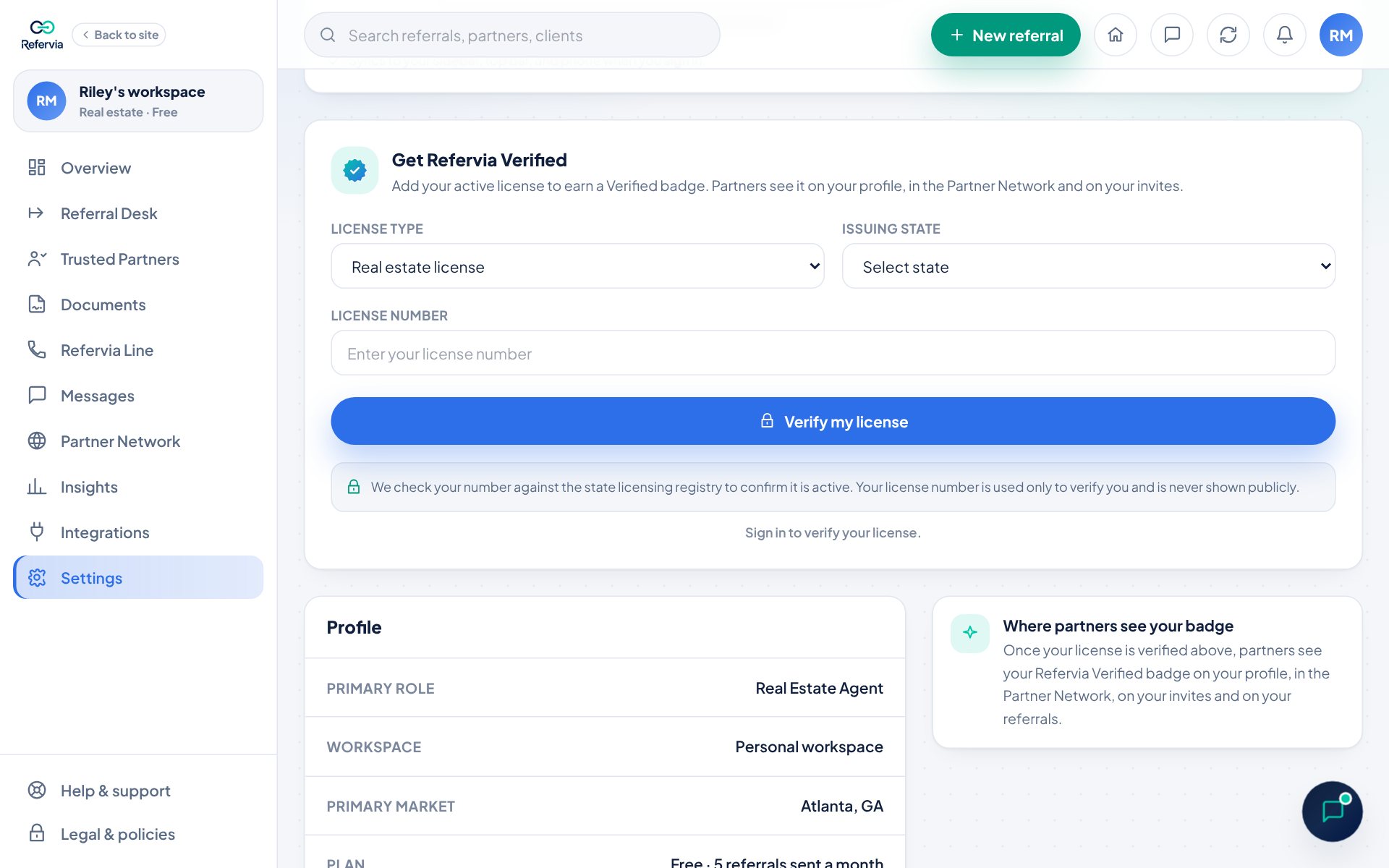 The Get Refervia Verified card in Settings