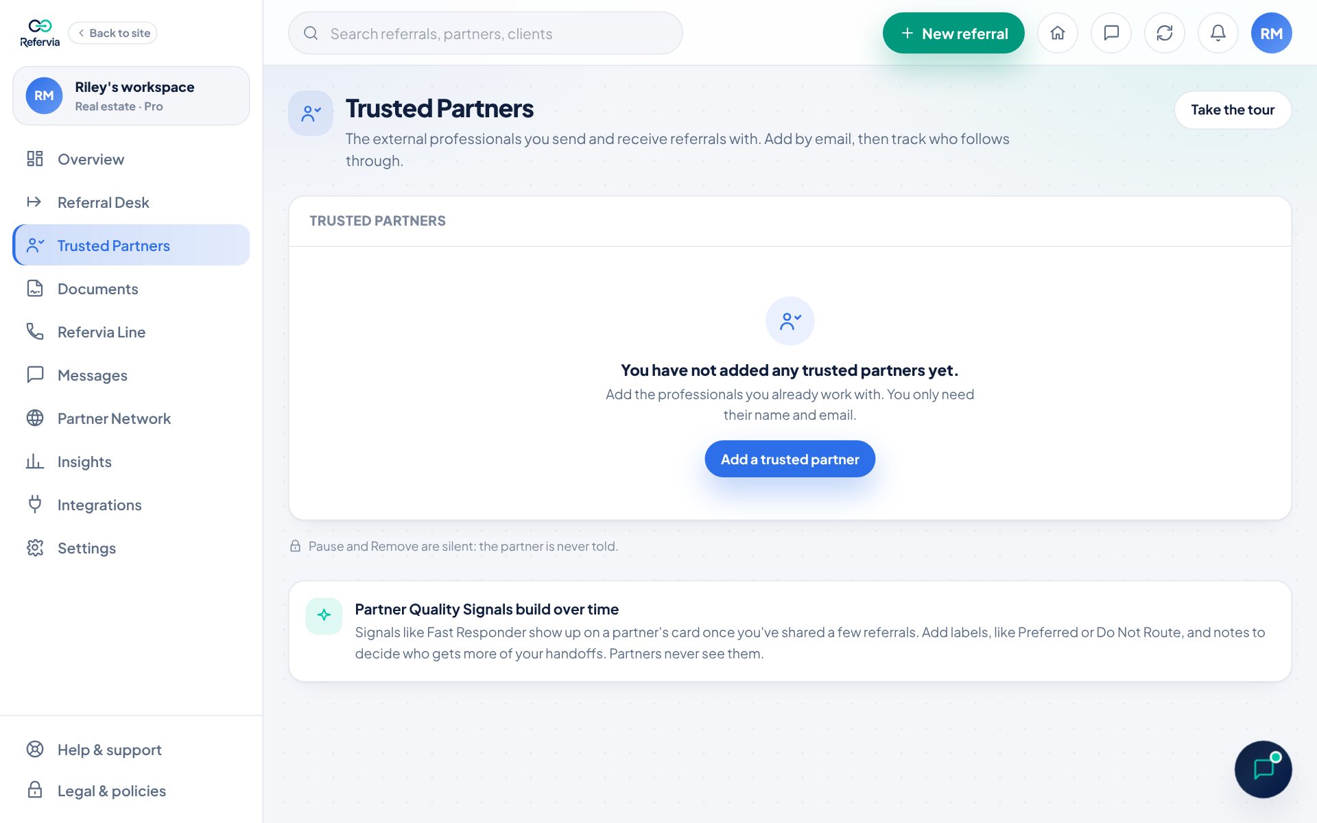 The Trusted Partners page. Once you add partners, your labels and badges show on each row