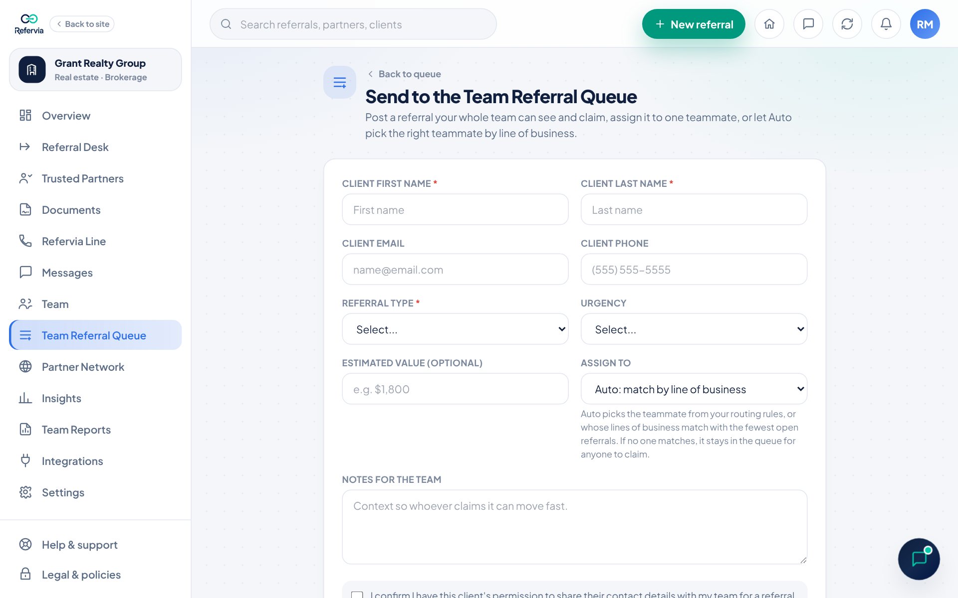 The Send to the Team Referral Queue form with the Assign to menu