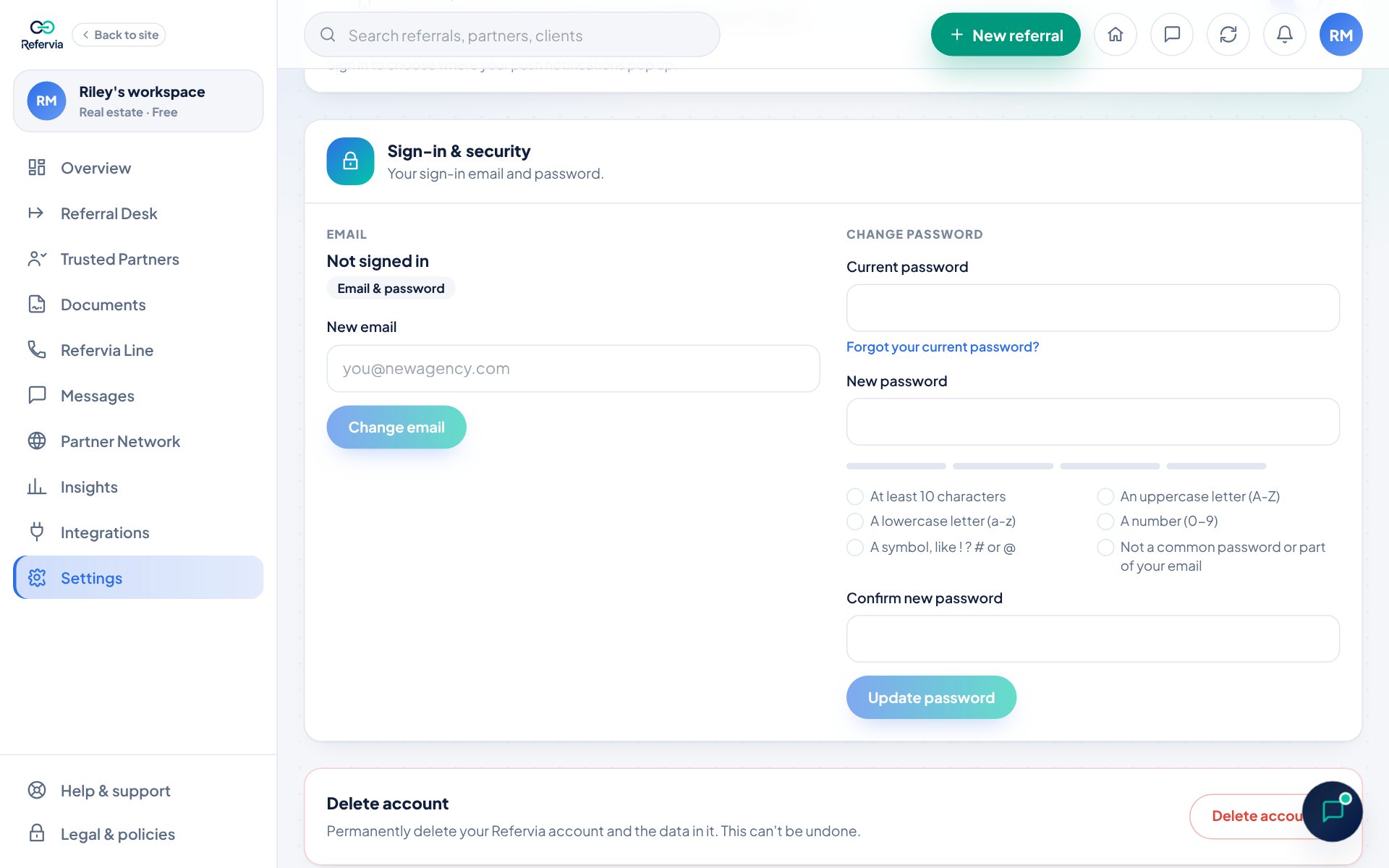 The Sign-in & security section in Settings