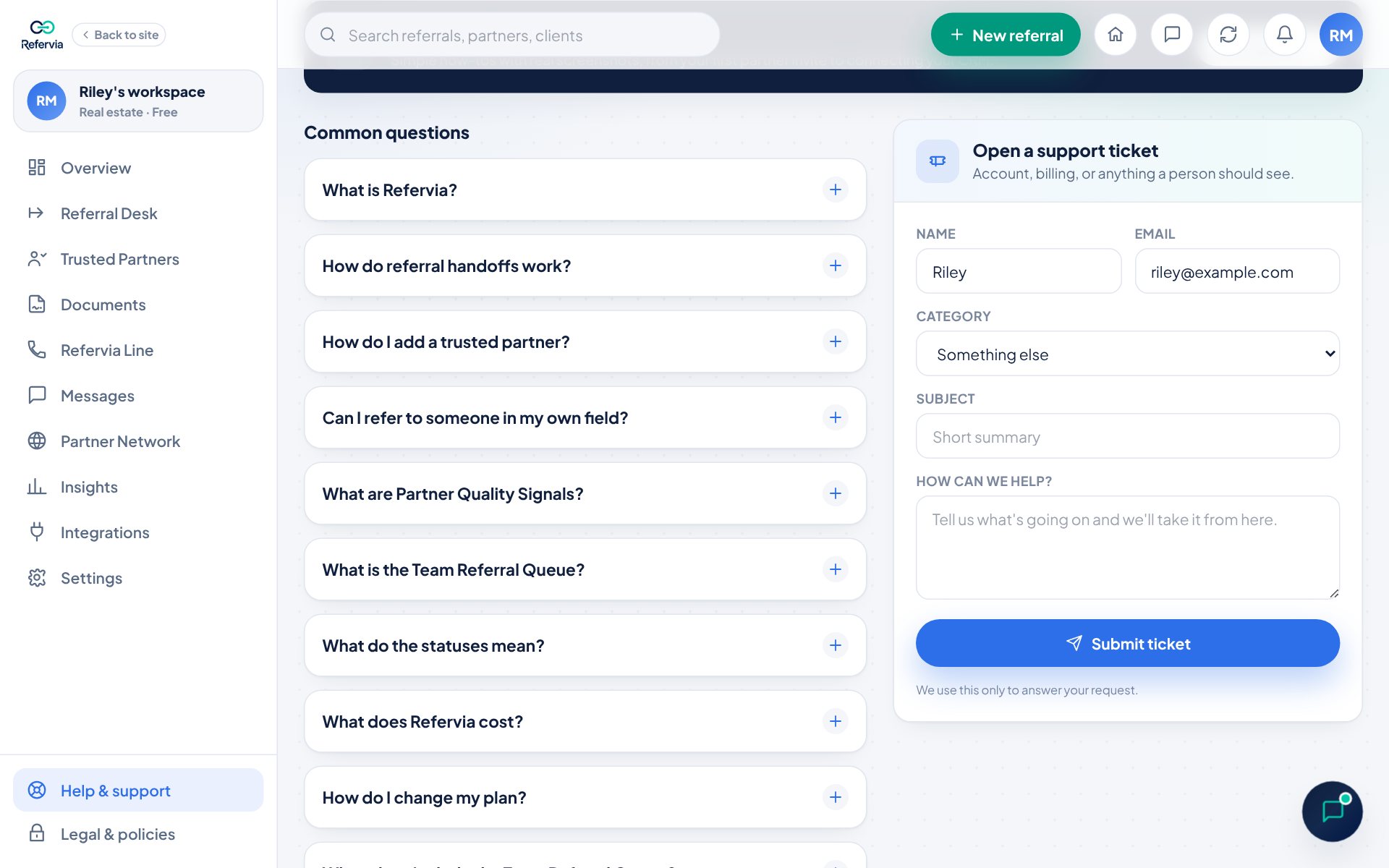 The support ticket form