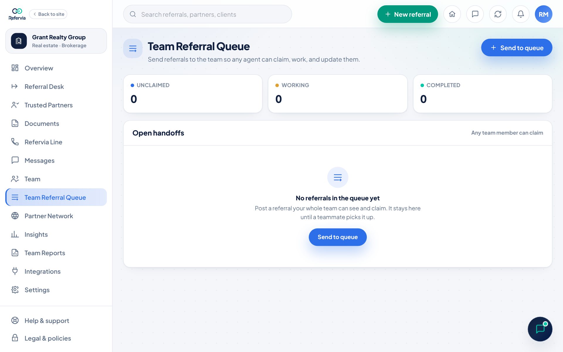 The Team Referral Queue with Unclaimed, Working and Completed counts