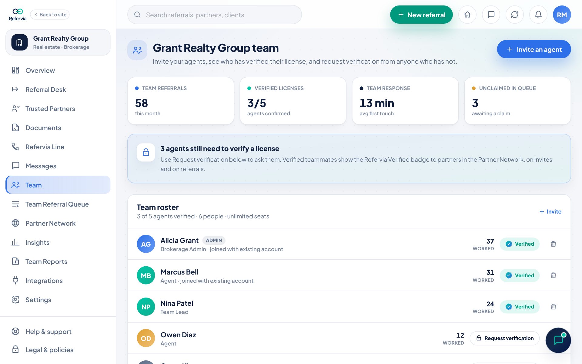 The Team page for an example team, with the roster, license status and invite button