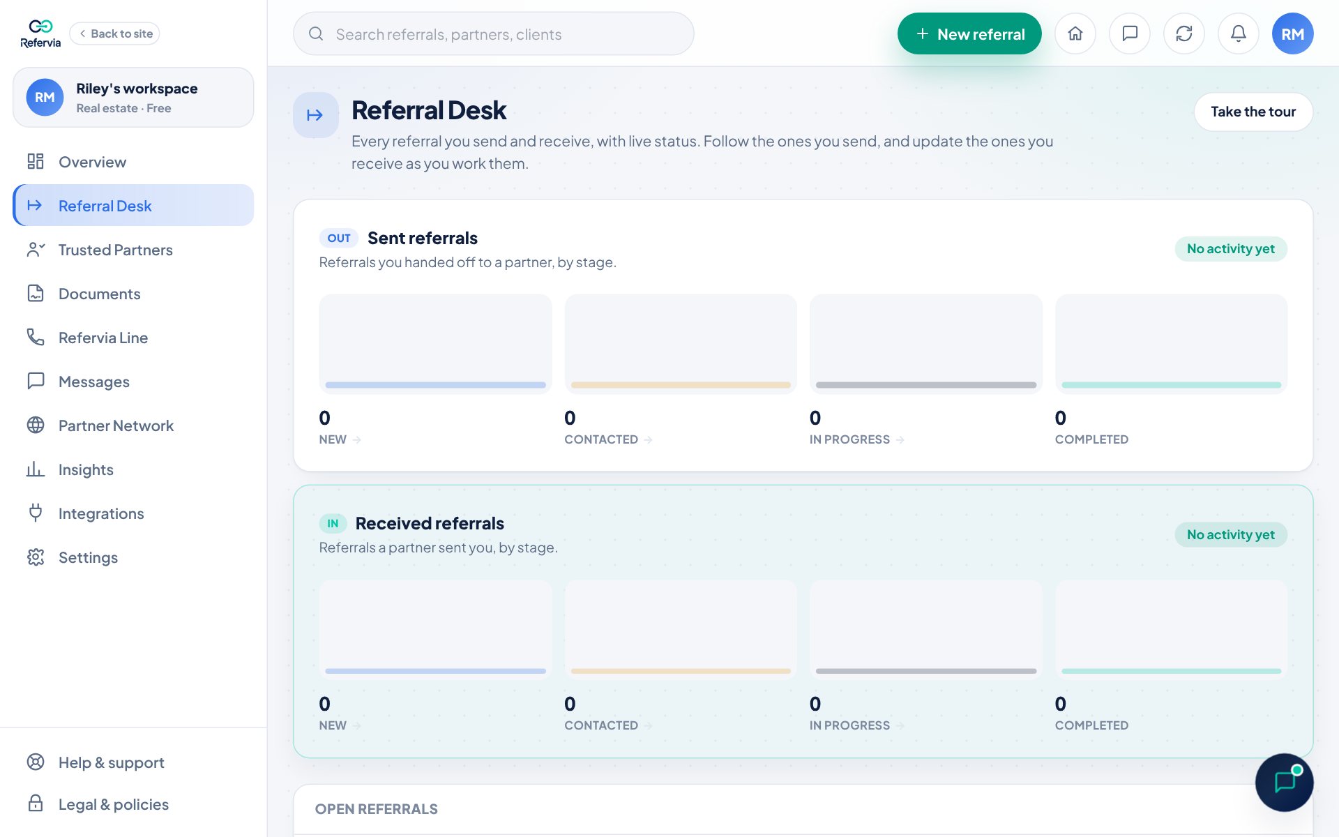 The Sent referrals and Received referrals cards count your referrals by stage