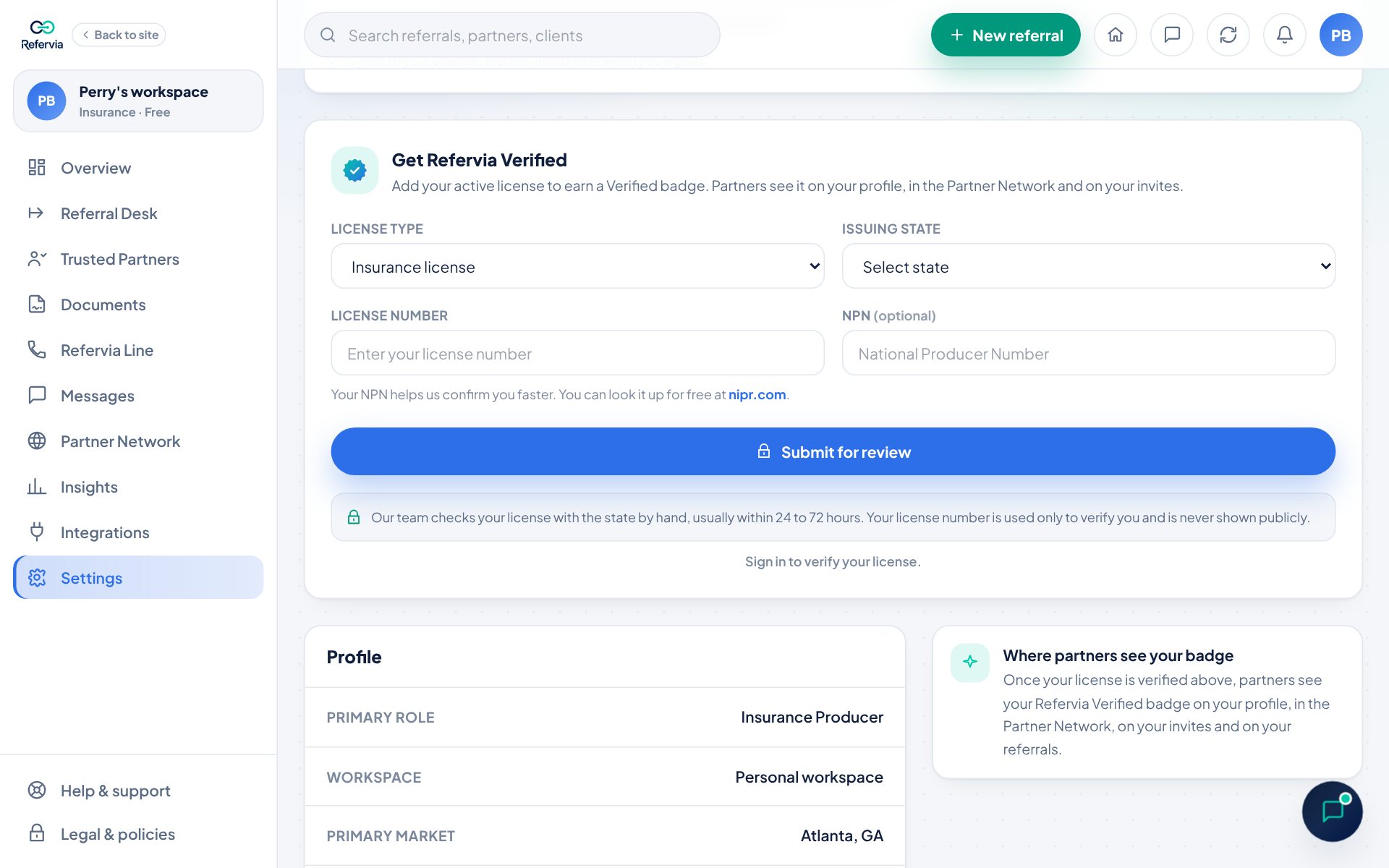 The Get Refervia Verified card in Settings